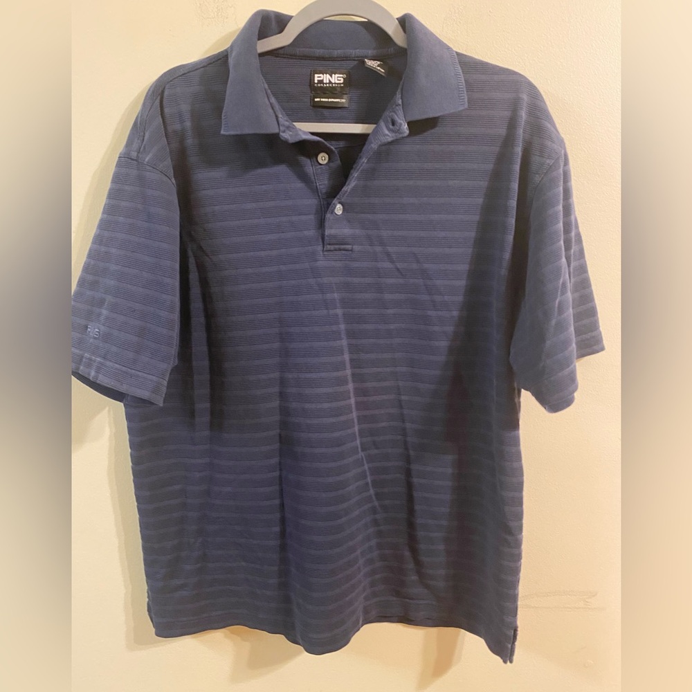 Mens Ping Dry Fiber Dynamics Blue Cotton Blend Stripe Polo Size Medium
